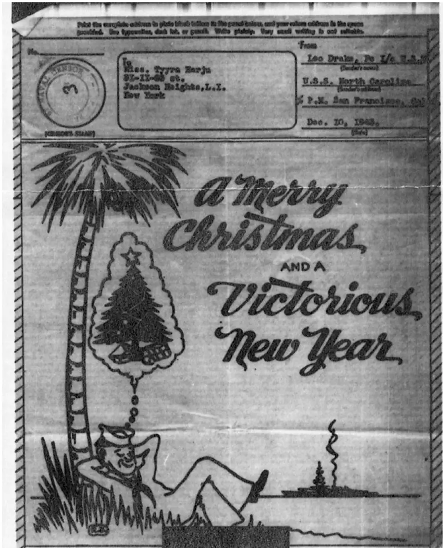 A vintage telegram with a drawing of a sailor relaxing under a palm tree, dreaming of a Christmas tree. The text reads: "A Merry Christmas, and a Victorious New Year." The telegram is dated Dec. 20, 1943.