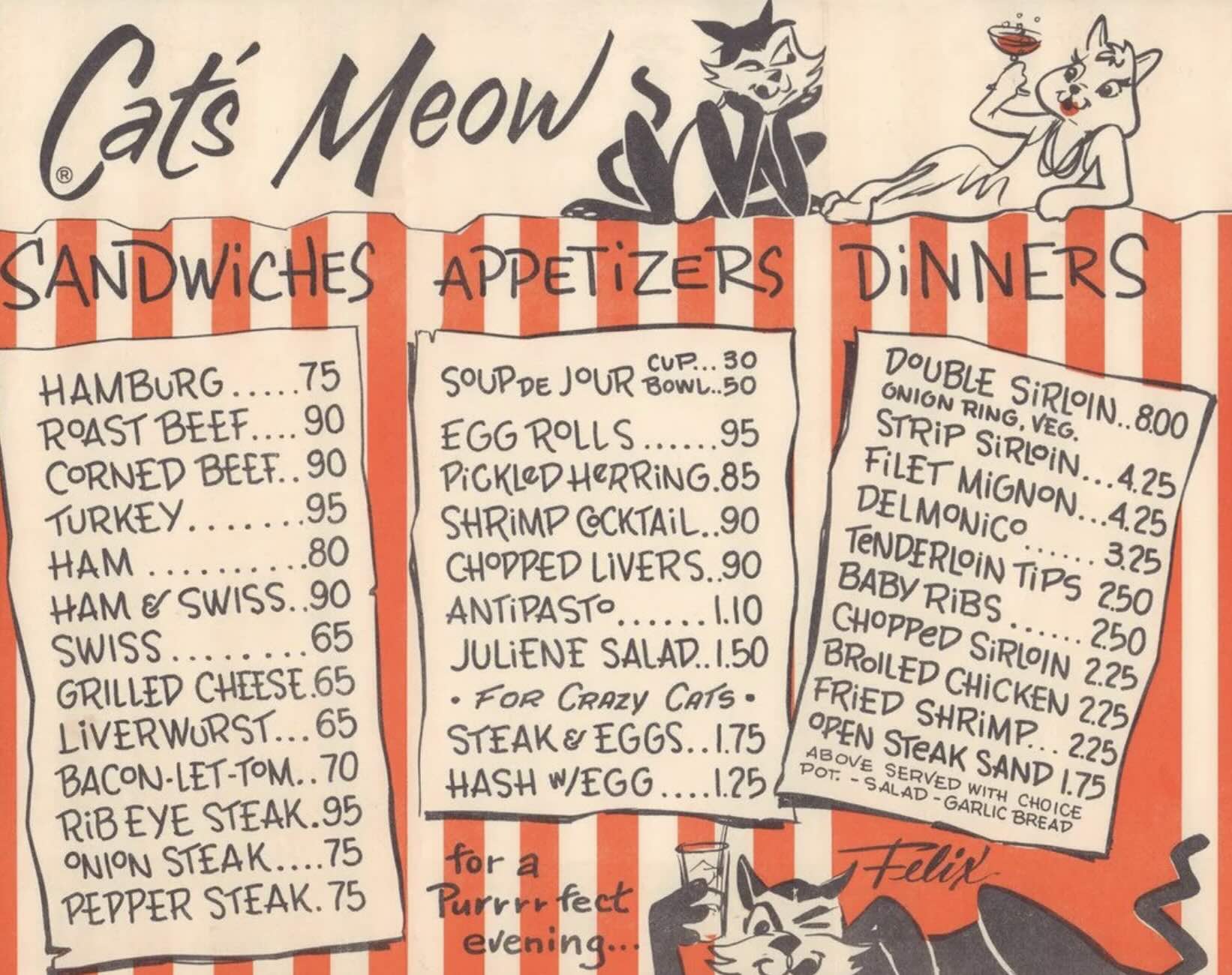 Vintage restaurant menu titled "Cat’s Meow" featuring playful cartoon cats. The menu lists sandwiches, appetizers, and dinners with prices, all on a red and white striped background.
