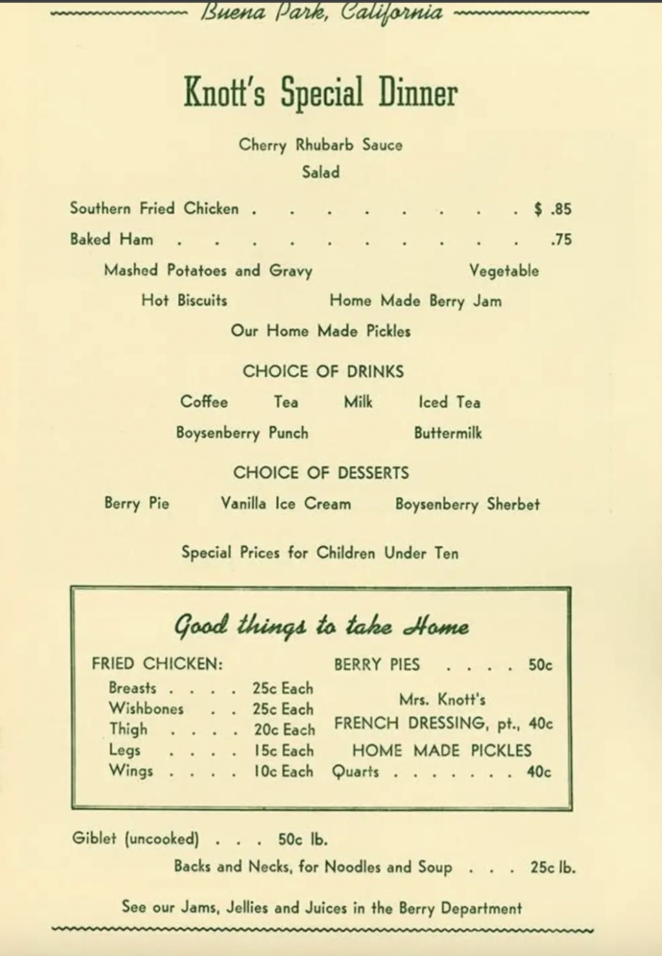 A vintage menu advertises “Knott’s Special Dinner” with fried chicken, sides, drinks, desserts, and take-home items like jams, pickles, and berry pies. Prices and options are listed on beige paper with green text.