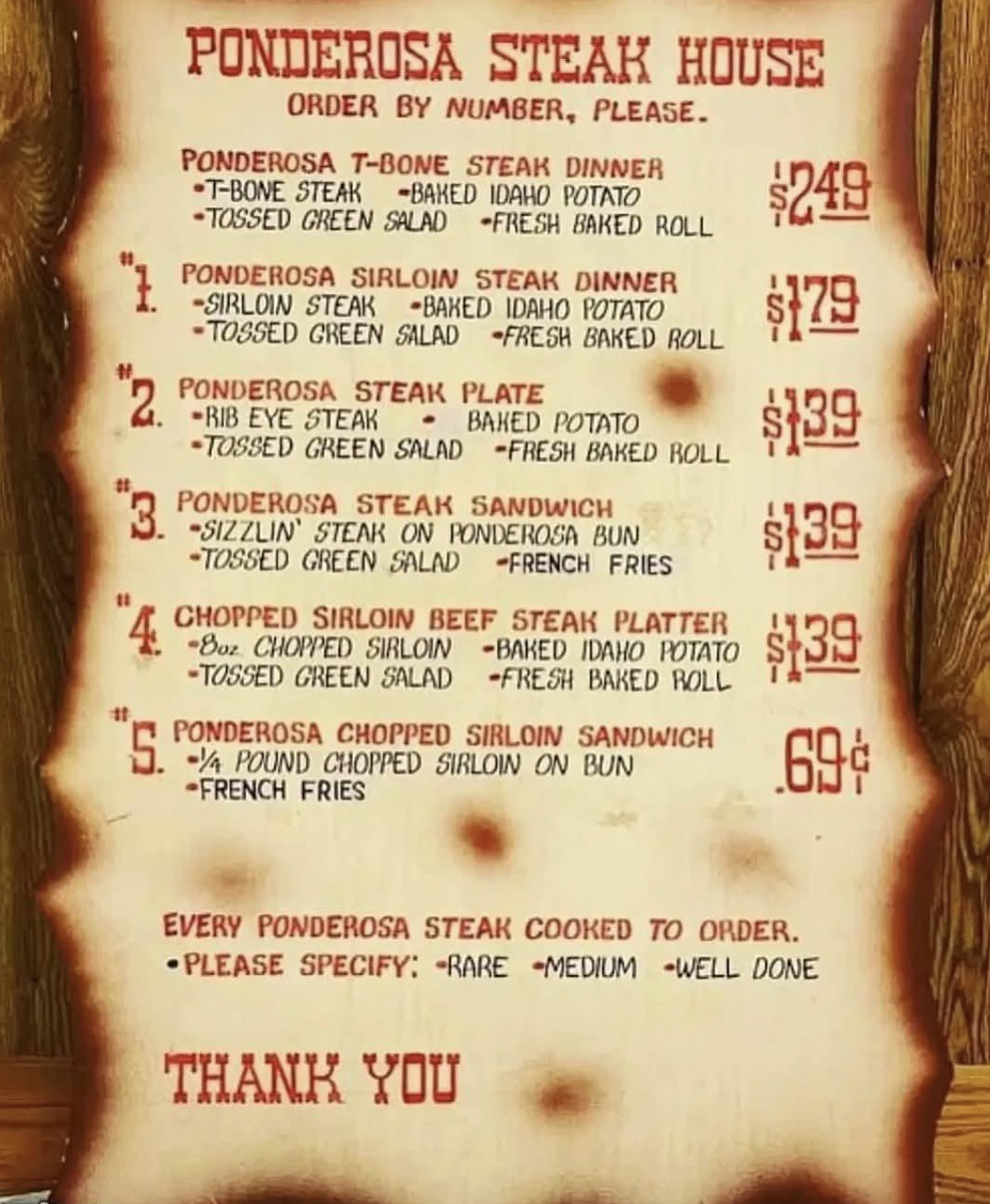A vintage Ponderosa Steak House menu lists steak dinners, platters, and sandwiches with prices, including T-bone and sirloin options, sides like baked potato and fries, and meat doneness choices: rare, medium, or well done.