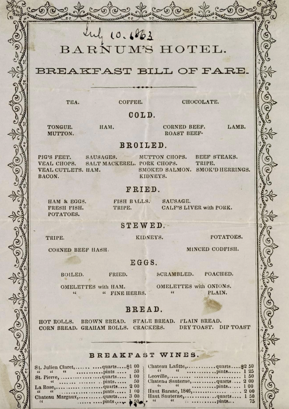 An 1863 breakfast menu from Barnum's Hotel lists various dishes including tea, coffee, meats, eggs, bread, and wines, organized by preparation style such as cold, broiled, fried, stewed, and eggs.