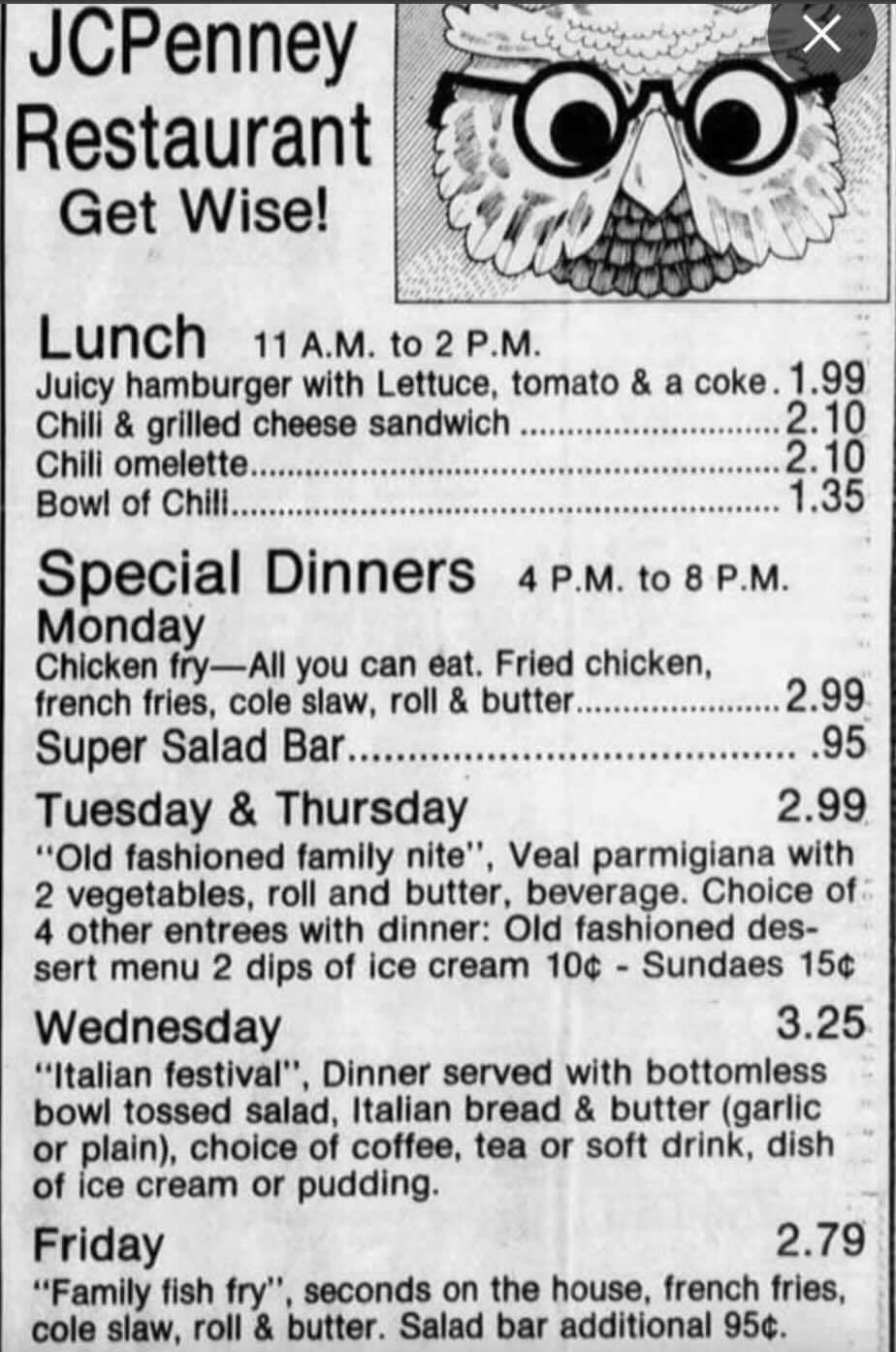 A black and white vintage JCPenney Restaurant menu offers burgers, chili, and daily dinner specials, with prices, meal descriptions, and an illustrated owl at the top. Lunch and salad bar details are also listed.