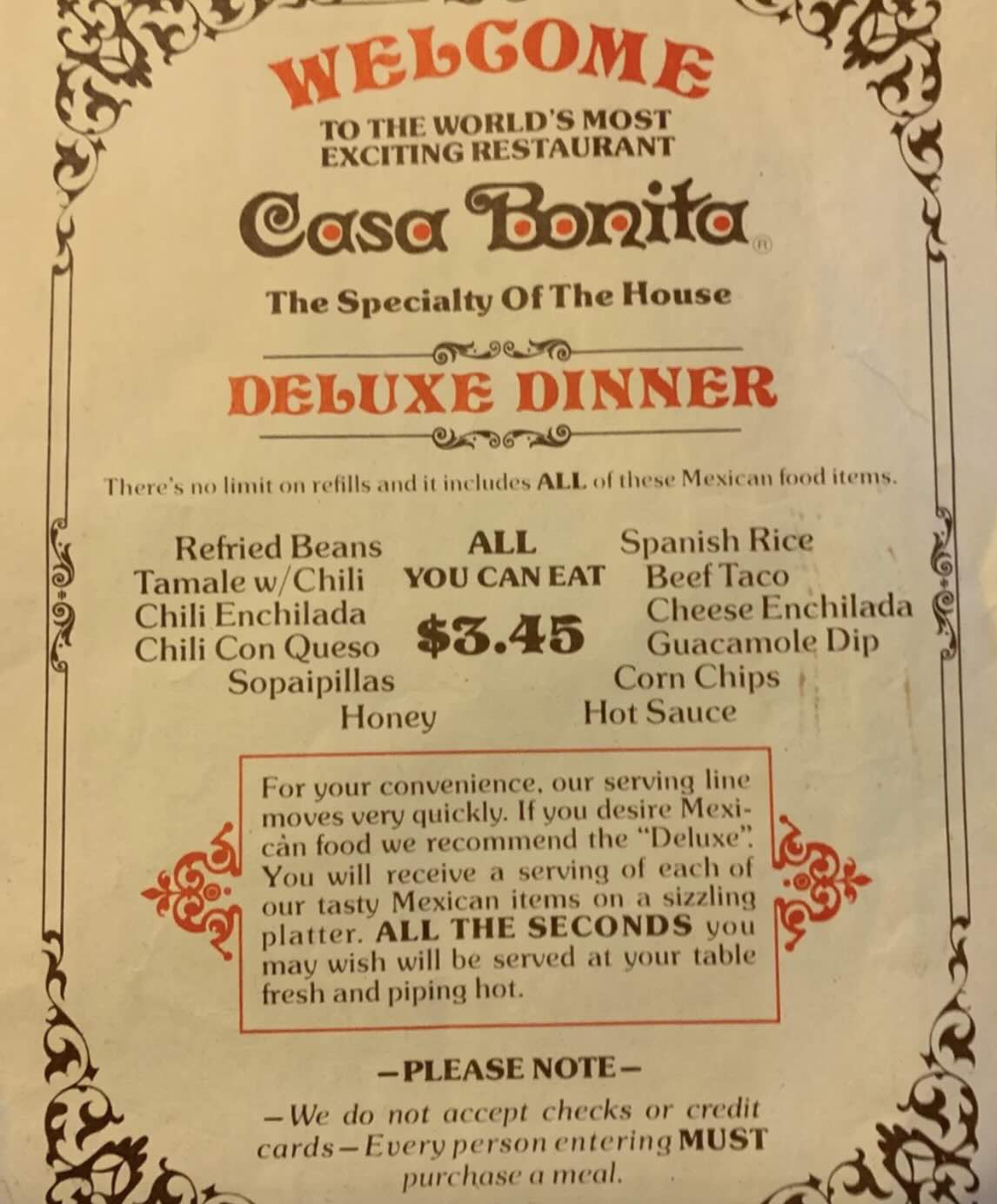 A vintage menu from Casa Bonita advertises an all-you-can-eat deluxe dinner for $3.45, featuring Mexican dishes like tamale, enchilada, taco, beans, rice, sopapillas, and more.