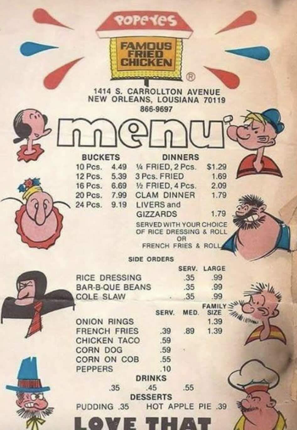 A vintage Popeyes Fried Chicken menu features cartoon characters, prices for chicken buckets and dinners, sides, and extras. The menu lists items like fries, rice dressing, corn, and drinks, with prices in dollars and cents.