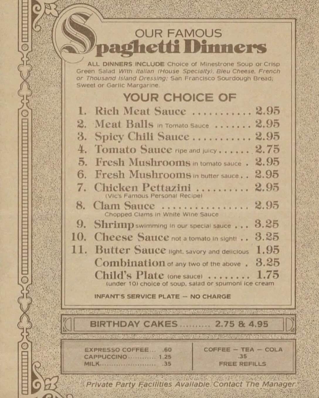 A vintage menu lists "Our Famous Spaghetti Dinners," offering choices like meat sauce, meatballs, fish sauce, tomato sauce, mushrooms, chicken, clam sauce, and others, each priced around $2.95. Drinks and cakes are also listed.