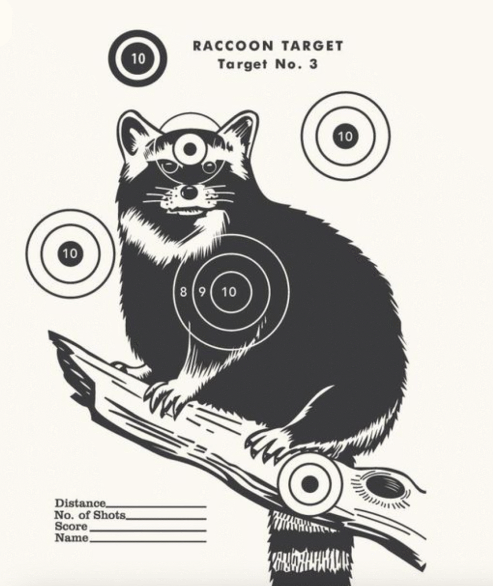 Black and white illustration of a raccoon on a branch, used as a target practice sheet, with concentric scoring rings on its head, body, and around it. Spaces below for distance, shots, score, and name.