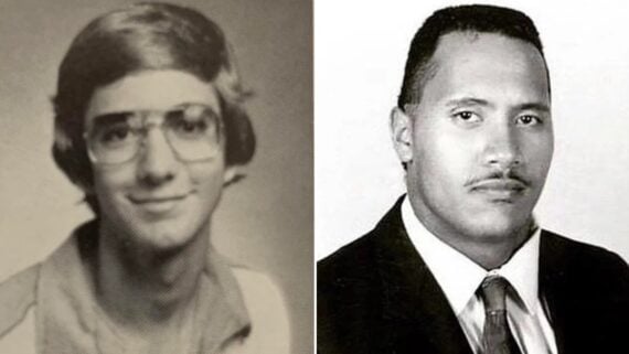 Side-by-side black and white portraits of two young men: the left shows a person with glasses and short hair, wearing a collared shirt; the right shows a person with short hair and a mustache, dressed in a suit and tie.