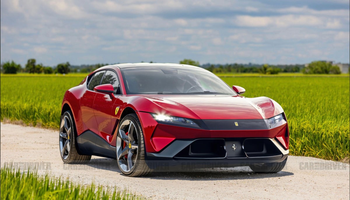 A sleek red Ferrari SUV is parked on a gravel road, surrounded by green fields under a partly cloudy sky. The car features sharp lines, large wheels, and a distinct Ferrari emblem on the hood.