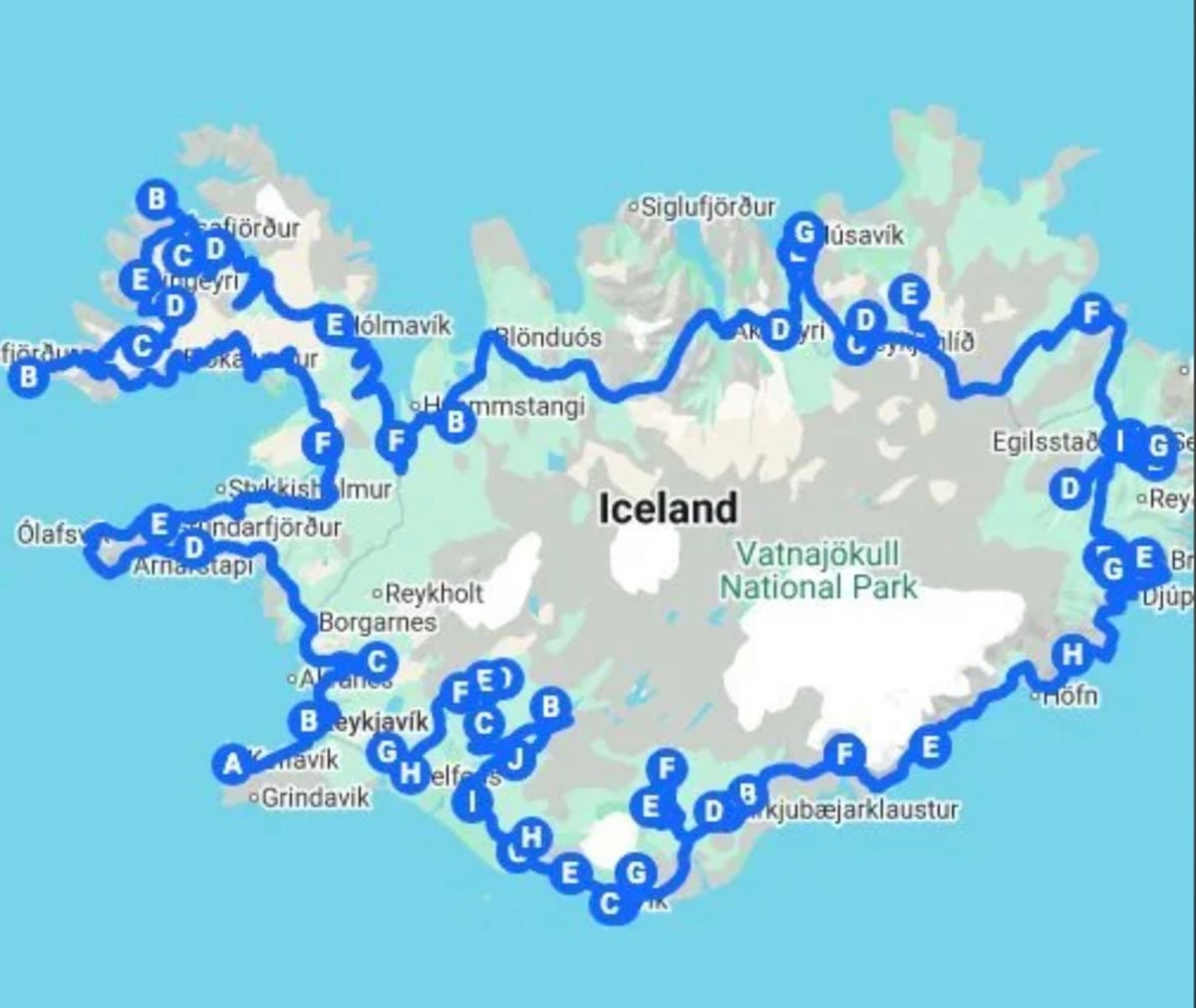 A map of Iceland highlighting a travel route around the island with blue markers labeled A to T, passing major towns and natural landmarks including Reykjavik and Vatnajökull National Park.