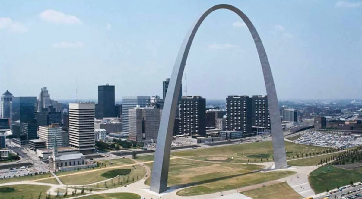 The Gateway Arch rises prominently in the center of a green park, surrounded by downtown St. Louis skyscrapers and buildings under a clear blue sky.