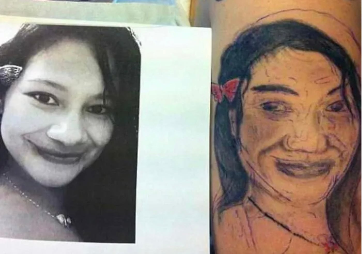 A black and white photo of a woman smiling is next to a tattoo attempt of her portrait. The tattoo is poorly done, with distorted facial features and uneven lines, creating a humorous contrast with the original photo.