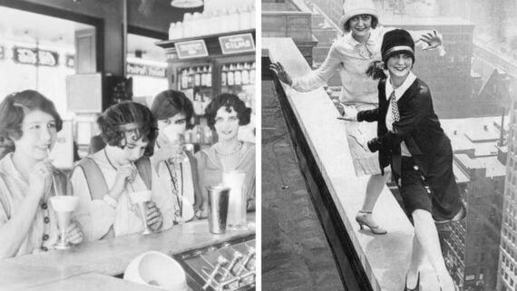 Split image: On the left, four women in 1920s attire drink milkshakes at a soda fountain. On the right, two smiling women in flapper dresses pose playfully on a skyscraper ledge overlooking a city.