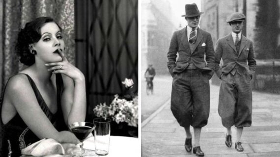 On the left, a woman with vintage makeup sits at a table with a drink, appearing pensive. On the right, two men in 1920s attire walk on a street, hands in pockets, dressed in suits with plus fours and hats.