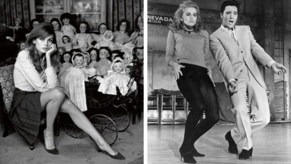 Split image: On the left, a woman sits pensively amid dolls. On the right, a man and a woman dance energetically in a spacious room, both dressed in 1960s-style clothing.