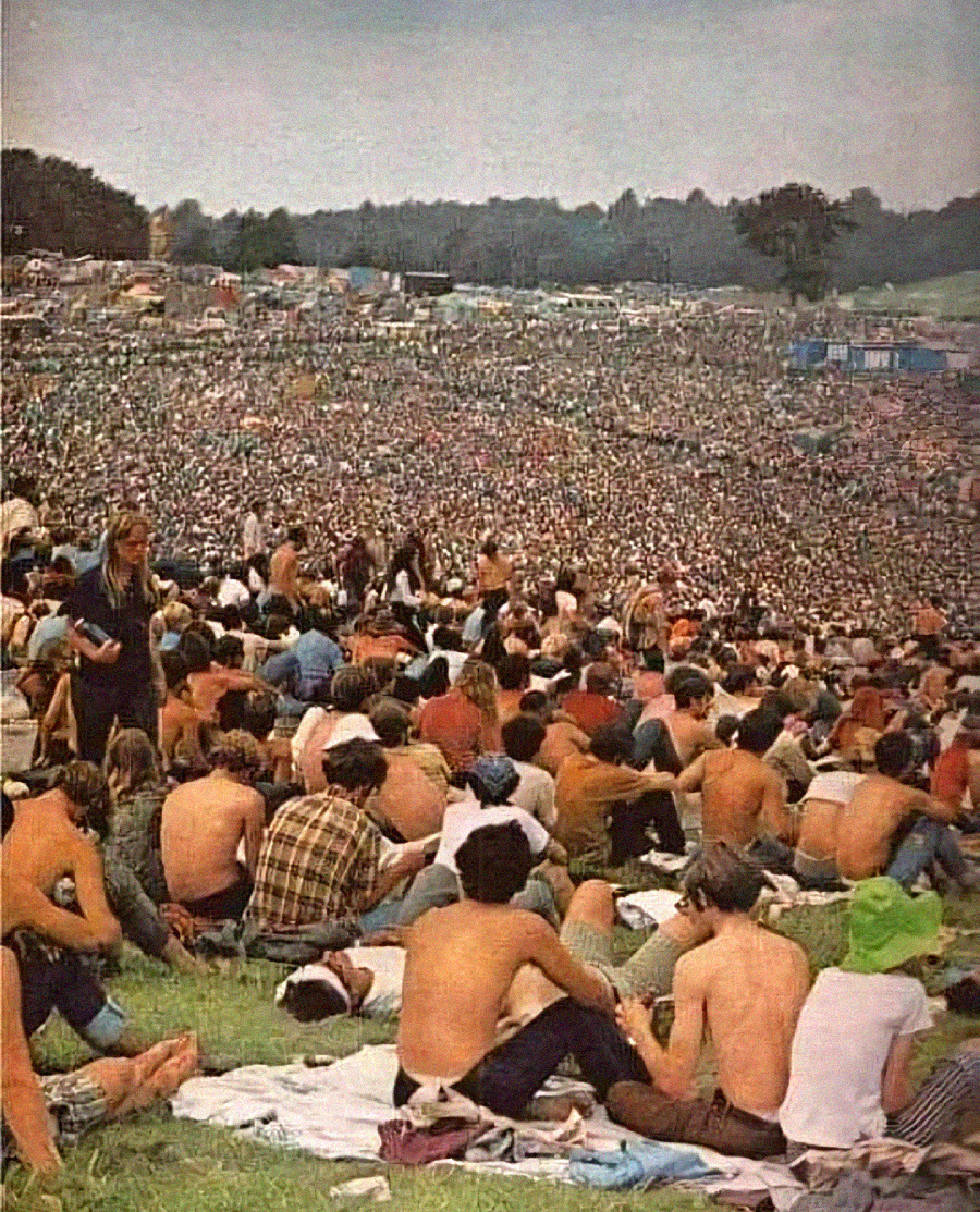 A large crowd of people sits and lounges on a grassy hillside at an outdoor music festival, many shirtless or in summer clothing, with trees and tents in the background.