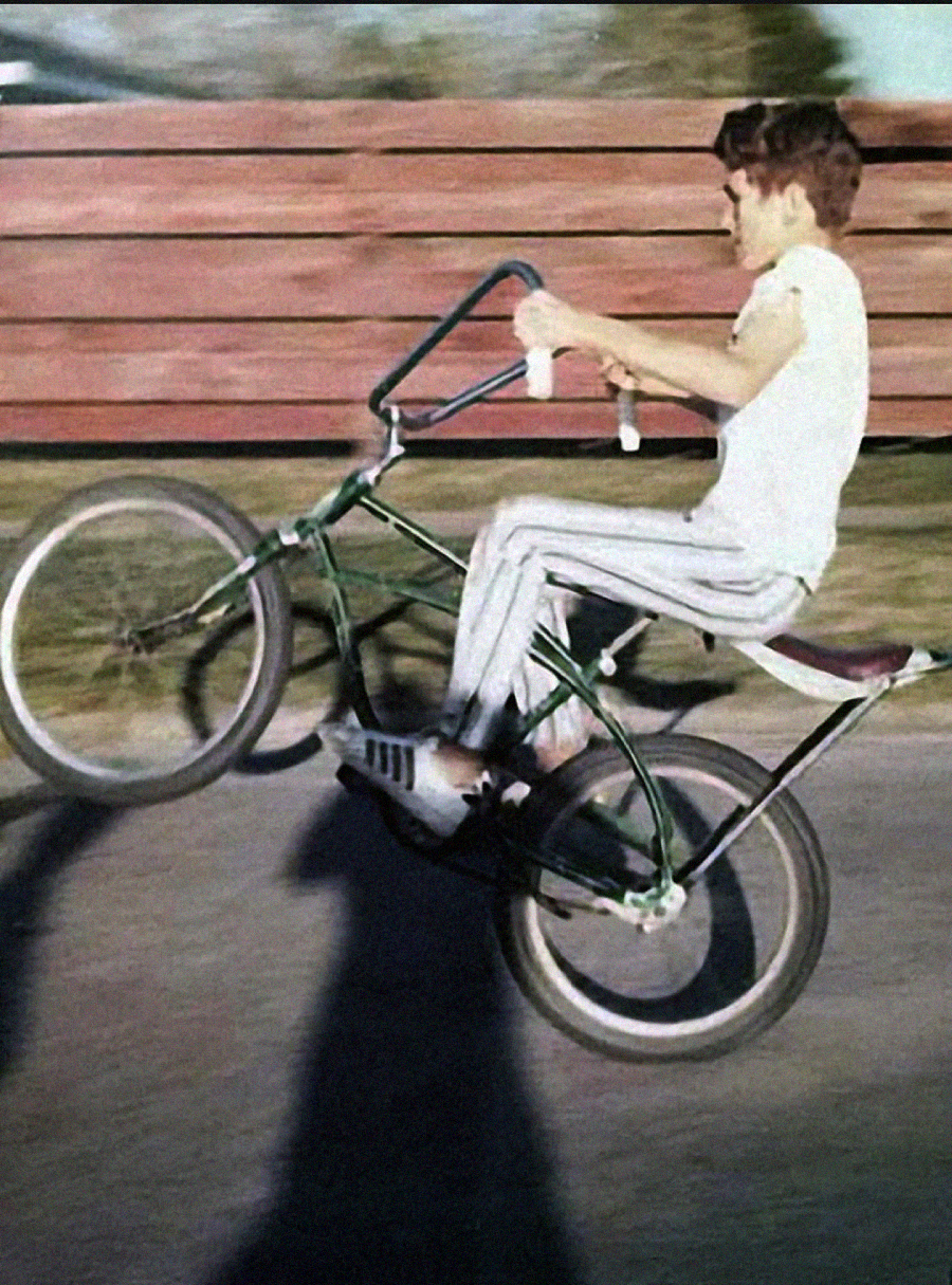A young person in a white t-shirt and striped pants performs a wheelie on a green bicycle, lifting the front wheel while riding quickly along a street with a wooden fence in the background.