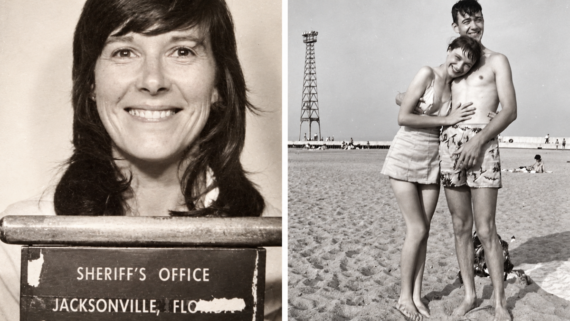 Left: Woman smiling in a mugshot holding a Jacksonville, Fla. sheriff’s office sign. Right: Man and woman in swimsuits smiling and posing together on a sandy beach with a tower in the background.