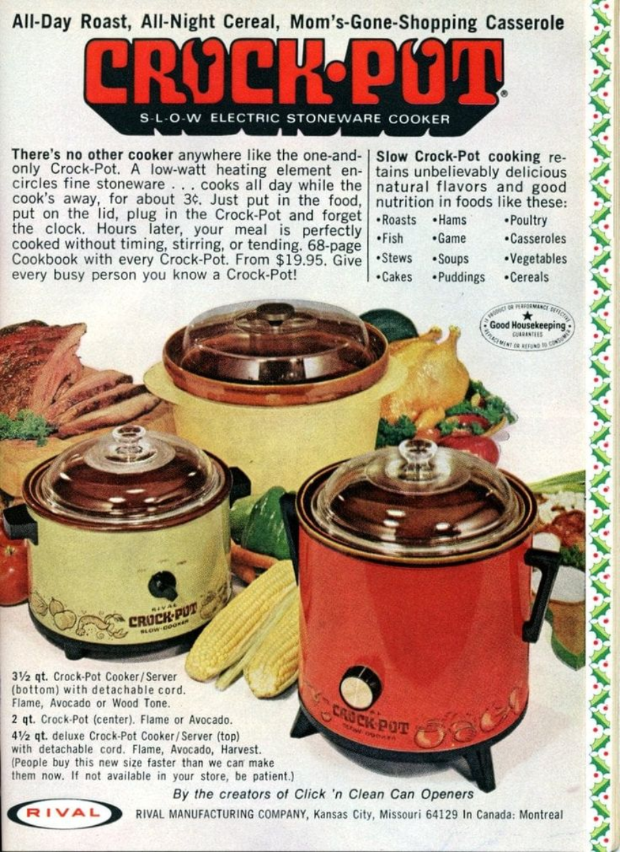 Vintage magazine ad featuring three Crock-Pot slow cookers in orange, yellow, and brown with food inside. Text describes the benefits and uses of the electric stoneware cooker. Green and red border on the right.