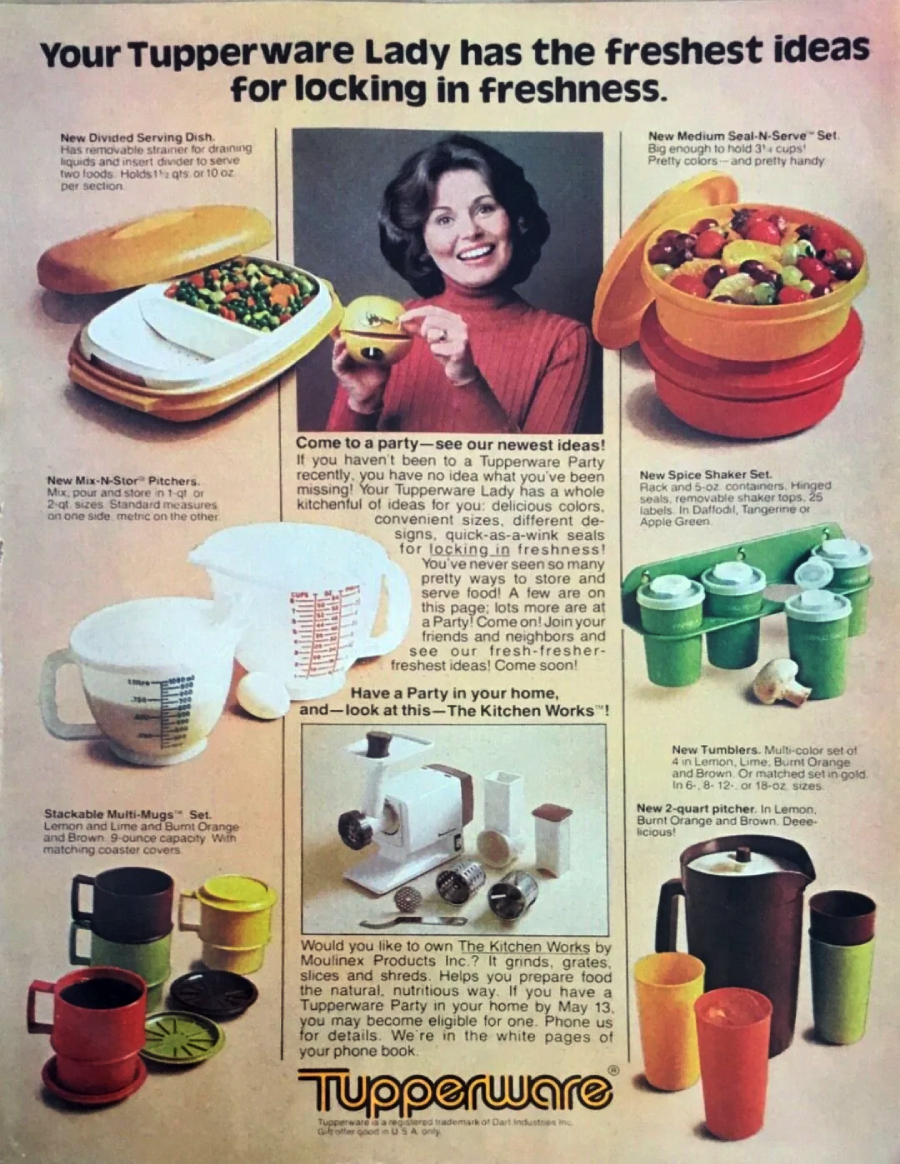 A vintage Tupperware ad features a smiling woman holding containers, surrounded by various colorful Tupperware products like bowls, pitchers, mugs, and food storage items with text describing each product.