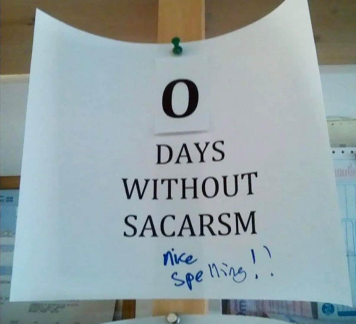 A sign reads "0 DAYS WITHOUT SACARSM" with "SACARSM" misspelled. Someone has written "nice spelling!!" in blue ink below the text.