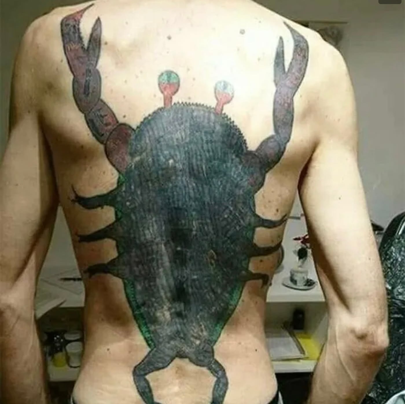 A person with a large, detailed tattoo of a scorpion covering their entire back, showing the scorpion's claws, legs, and tail. The tattoo is mostly black with subtle green highlights.
