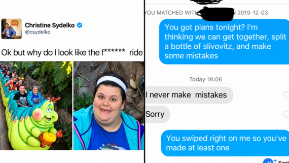 Split image: left, a woman rides a caterpillar-themed amusement park ride with others; right, a dating app chat where one person points out the other’s mistake after being rejected.