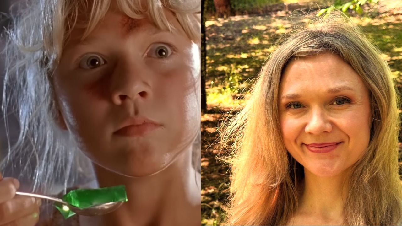 Split image: On the left, a young girl with messy hair holds a spoon with green jelly; on the right, an adult woman with long blonde hair smiles outdoors in sunlight.