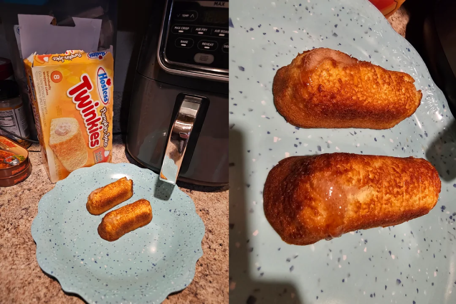 Two golden-brown Twinkies on a blue speckled plate, with their packaging and an air fryer visible on the counter in the background. The right side shows a close-up of the Twinkies.