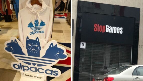 Split image: Left shows a hoodie with a logo parodying Adidas, featuring three alpaca heads and the word "alpacas." Right shows a store sign reading "StopGames" in the style of the GameStop logo.
