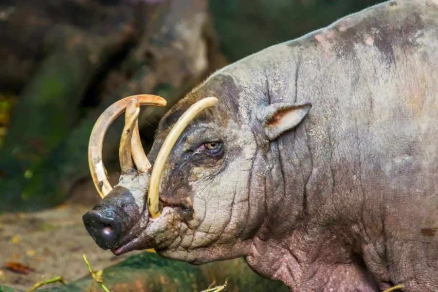 A close-up of a babirusa, a wild pig native to Indonesia, showing its large, upward-curving tusks and wrinkled grayish skin. The background is blurred with green and brown tones.