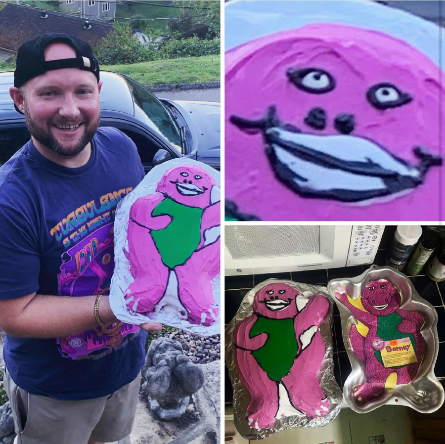A smiling man holds a homemade Barney the Dinosaur cake with a distorted face. Next to him is a close-up of the cake’s face and a comparison of the cake beside a Barney cake pan, showing the intended character design.