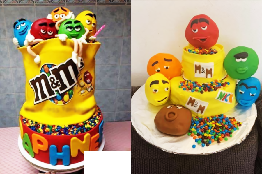Two M&M’s themed cakes side by side: one is neatly decorated with colorful M&M characters popping out of a yellow bag, while the other is a messier attempt with uneven M&M faces and scattered candies on a white tray.