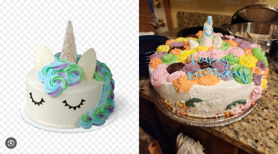 Side-by-side comparison of two unicorn cakes: the left cake is neatly decorated with smooth white icing, pastel swirls, and a shiny horn, while the right cake is messier with colorful icing and a less defined unicorn design.