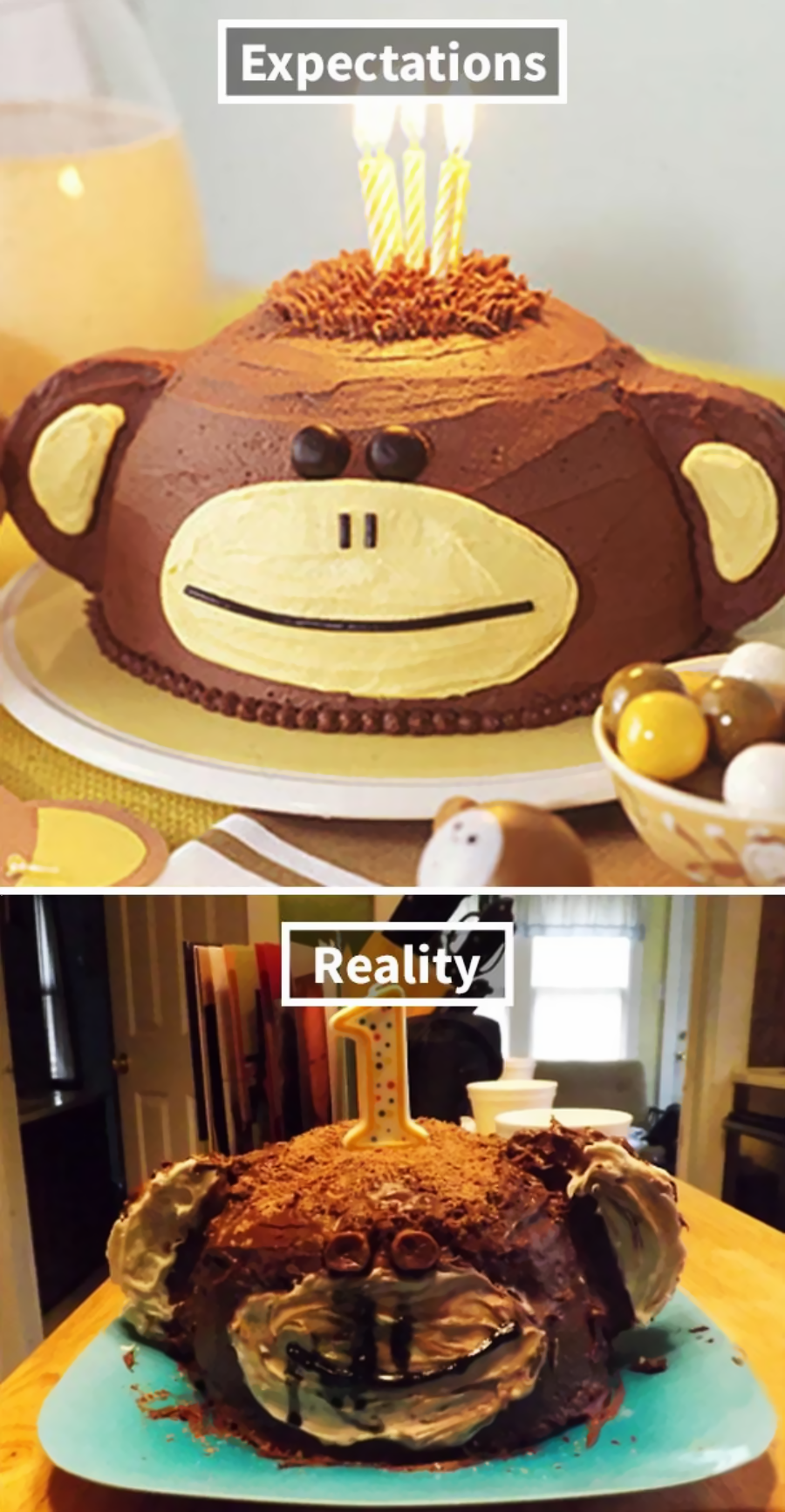 Two images: The top shows a neatly decorated monkey face cake with "Expectations" label, while the bottom, labeled "Reality," shows a messy, uneven attempt at the same cake with distorted features.