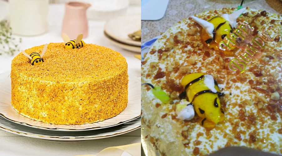 Two honey cakes decorated with bee figures: the left cake is smooth and neatly covered in crumbs with two fondant bees, while the right cake is less even, topped with two bee figurines and a "Happy Birthday" sign.