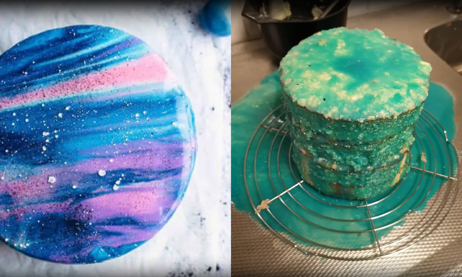 Side-by-side comparison of two cakes: the left one has smooth, glossy blue and purple marbled icing with white speckles; the right one is unevenly iced with blue glaze, dripping messily onto a wire rack.