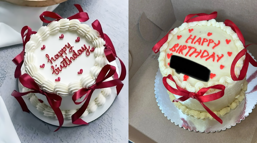 Two round white cakes with red ribbon decorations and piped "happy birthday" in red icing. The cake on the right has a blacked-out section beneath the text. Both cakes are decorated with small red hearts.