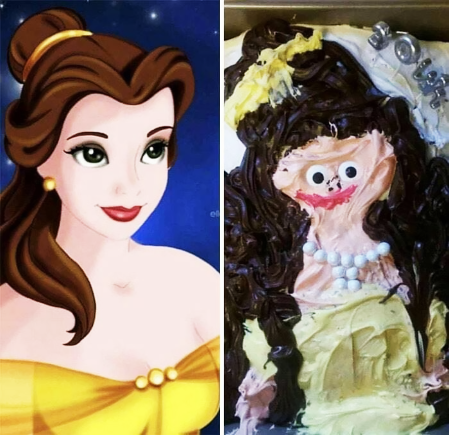 Side-by-side images show Belle from Disney’s Beauty and the Beast on the left and an attempted cake recreation on the right, with misshapen features, smeared icing, and distorted facial details.
