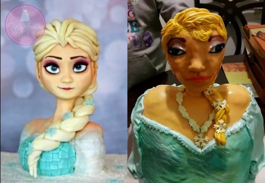 Two cakes depicting Elsa from Frozen: the left cake is detailed and realistic, while the right cake has a distorted, less polished appearance with uneven features and less detail. Both cakes have blonde braids and blue dresses.