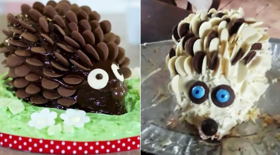 Two hedgehog cakes side by side: the left cake is neatly decorated with chocolate discs and icing, while the right cake is messier with almond flakes and large blue candy eyes.