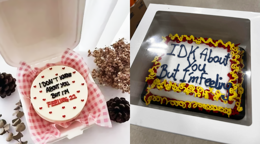 Two cakes decorated with the phrase "I don't know about you but I'm feeling 22." The cake on the left is round with small red hearts, the cake on the right is rectangular with colorful icing borders and handwriting.