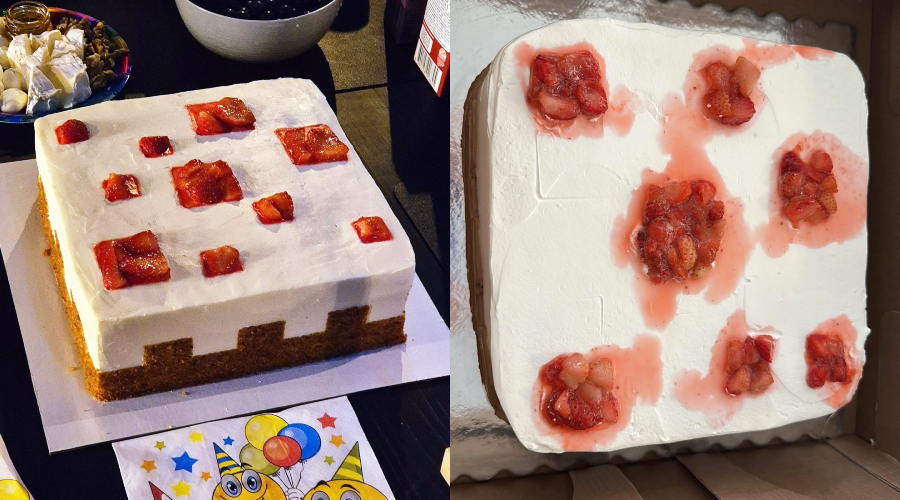 Two cakes decorated to look like a Minecraft cake: the left cake is neatly frosted with square red jelly pieces on white icing; the right cake has a messier appearance, with uneven red patches on white icing.