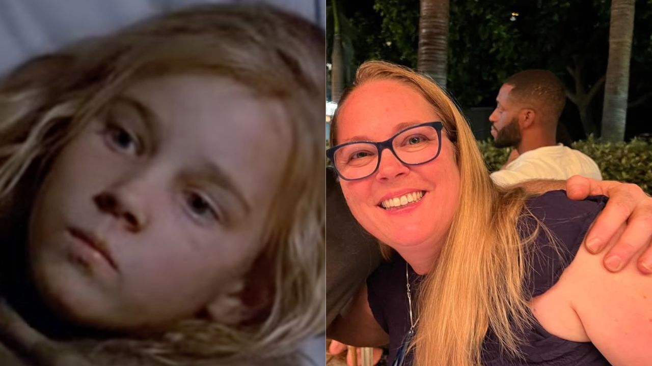 Side-by-side images: left, a young girl with long blond hair lying down; right, a smiling woman with glasses and long blond hair at an outdoor event.