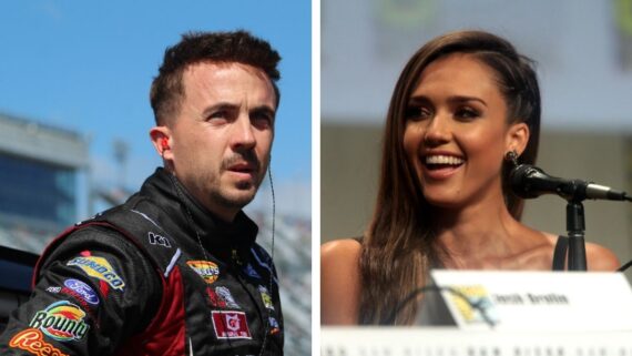 A split image showing a man in a racing suit with sponsor patches on the left, and a woman smiling behind a microphone at a panel event on the right.