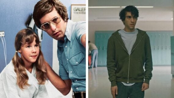 A split image: on the left, a young girl with long hair sits next to a man in glasses and a blue shirt; on the right, a young man in a green hoodie stands in a hallway with blue lockers.