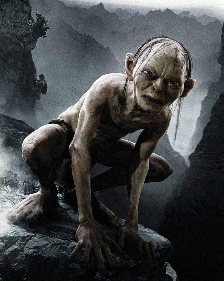 A gaunt, pale, and almost bald humanoid creature with large eyes and pointed ears crouches on a rocky ledge in a dark, misty mountain landscape. Two small figures climb a cliff in the background.