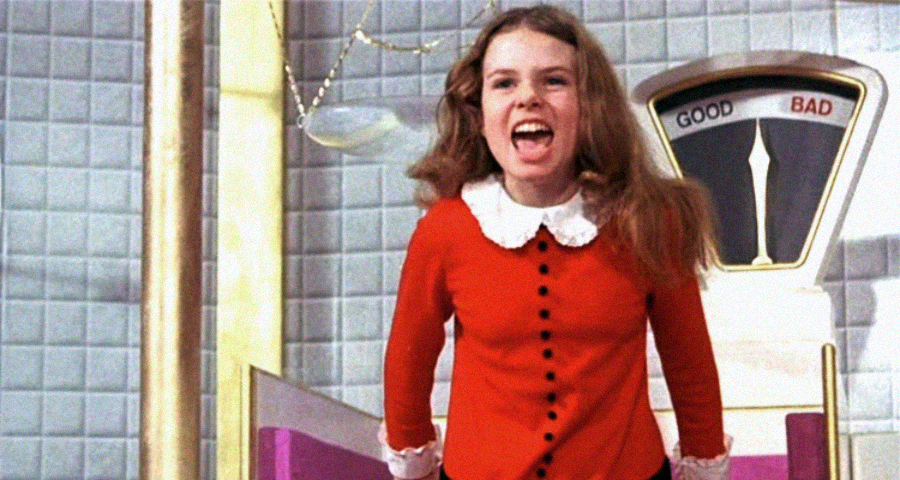 A young girl with long brown hair wearing a red dress with a white collar stands angrily in front of a large scale showing "Good" and "Bad." The scale's arrow points toward "Bad.