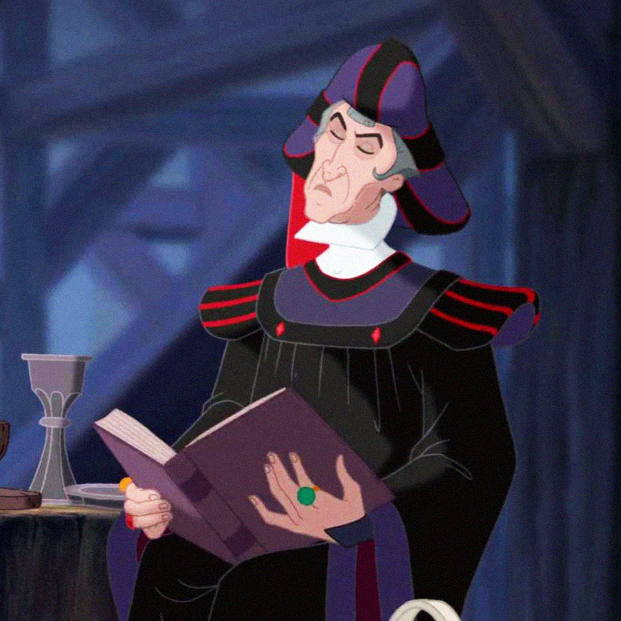 An animated judge in dark robes and a hat sits at a table, holding an open book and a goblet. He has a stern expression and a large green ring on his finger. The background shows a dimly lit, gothic interior.
