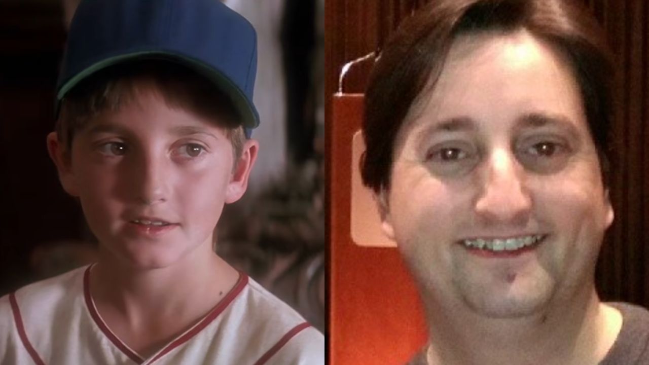 Split image showing a young boy in a blue baseball cap and striped shirt on the left, and an adult man smiling indoors on the right.