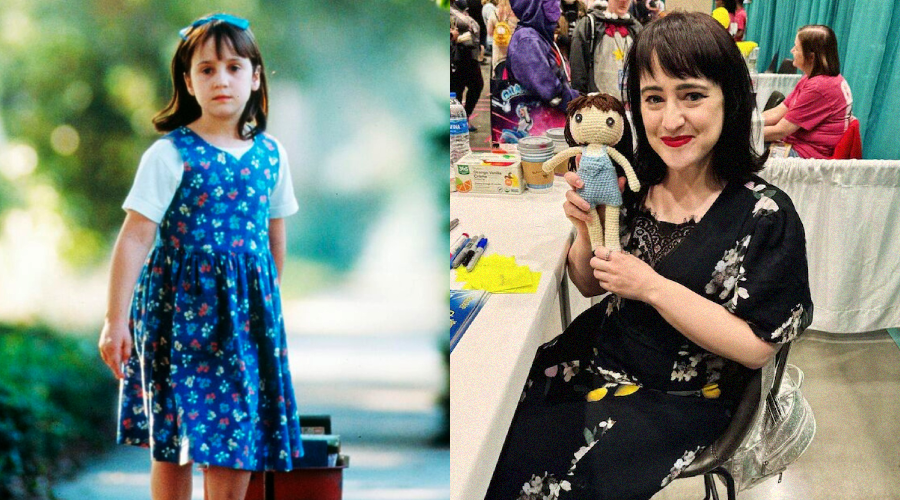 Side-by-side images: On the left, a young girl in a blue floral dress stands outdoors. On the right, an adult woman with dark hair and a black dress holds a doll while seated at a table at an indoor event.